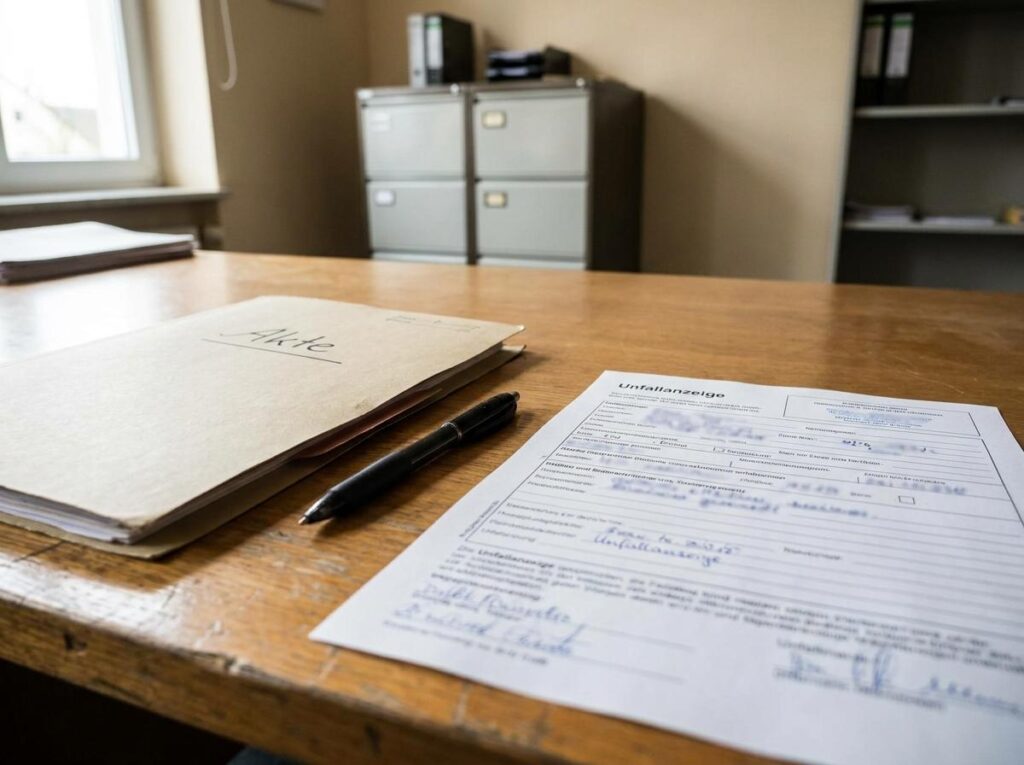 Büro-Schreibtisch mit Akten und Formular, das die administrativen Schritte bei Nachversicherung oder Dienstunfähigkeit zeigt.