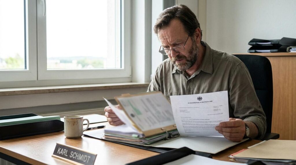 Beamter Karl Schmidt prüft am Schreibtisch offizielle Unterlagen, die seine Dienstfähigkeit als Beamter auf Probe betreffen.